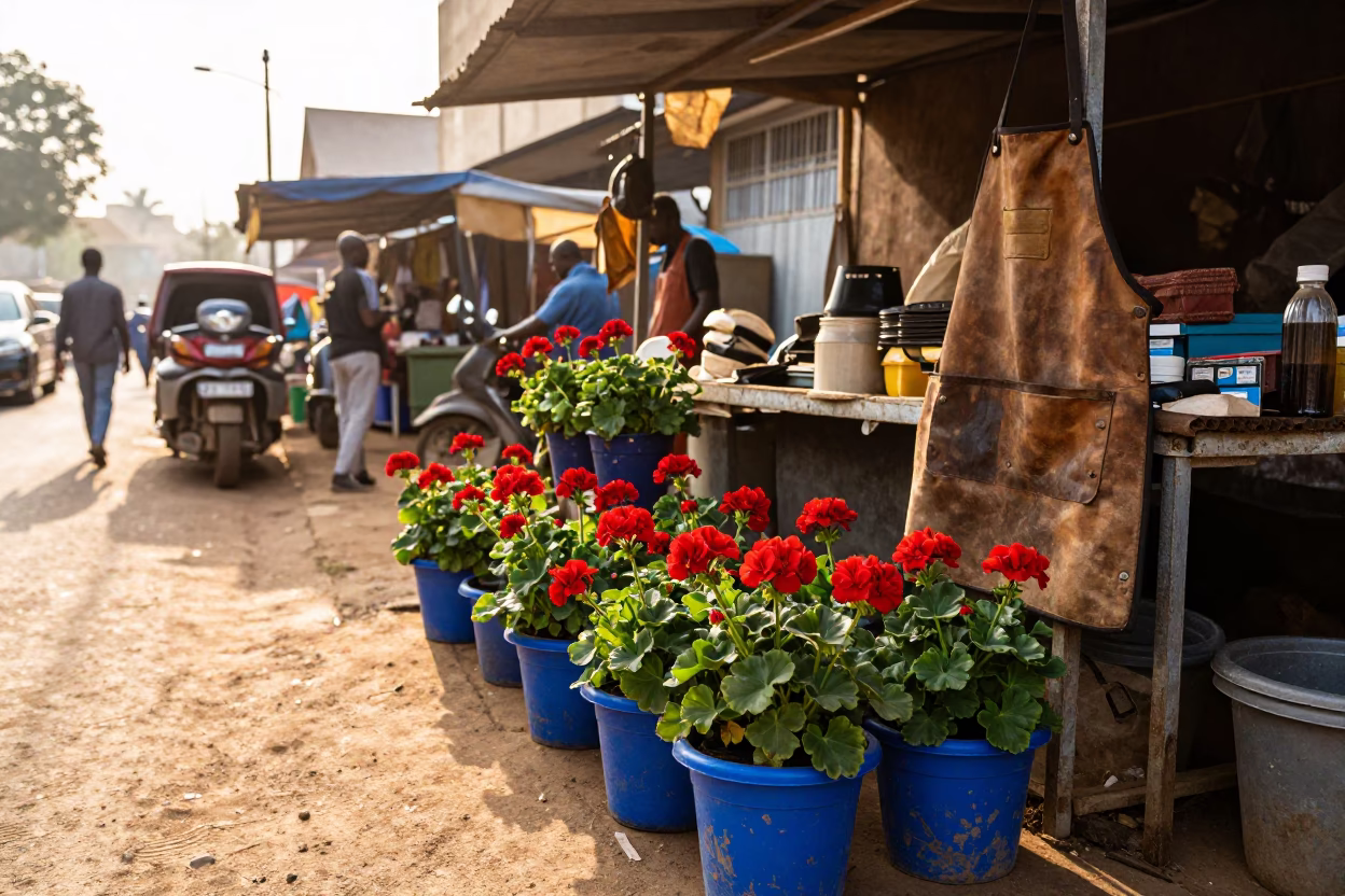Morning light on Nairobi street stall with geraniums and tool aprons in in Nairobi, Kenya