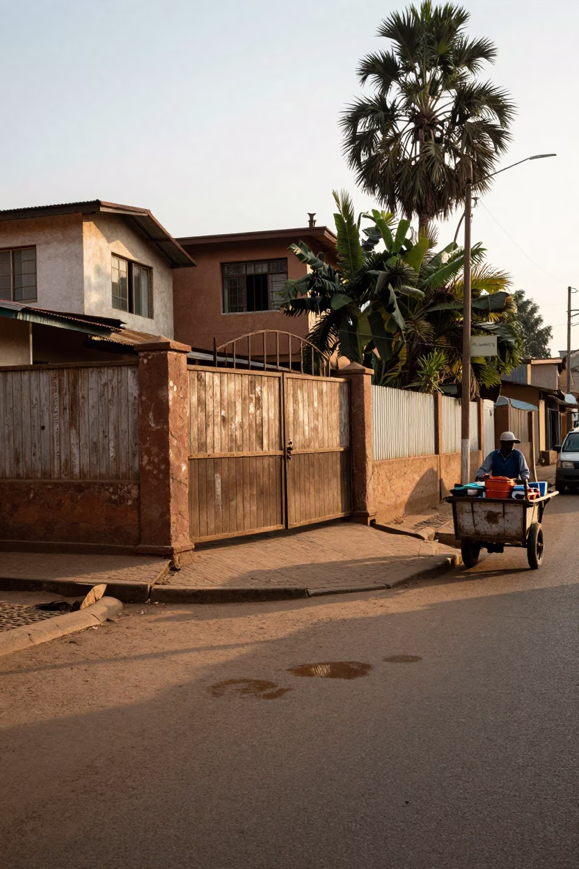 Morning Light on Nairobi Street with Tea Stains and Garden Gate in in Nairobi, Kenya