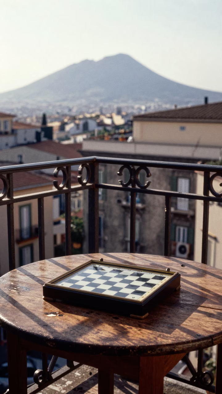 Morning light on Naples balcony with chess clock and leaf shadows after sunrise in in Naples, Italy