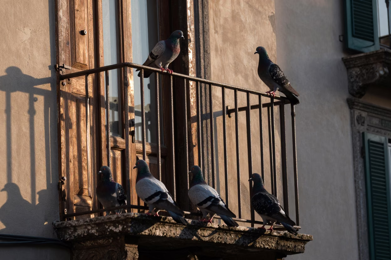 Morning Light on Naples Balcony with Pigeons and Iron Deadbolt in in Naples, Italy