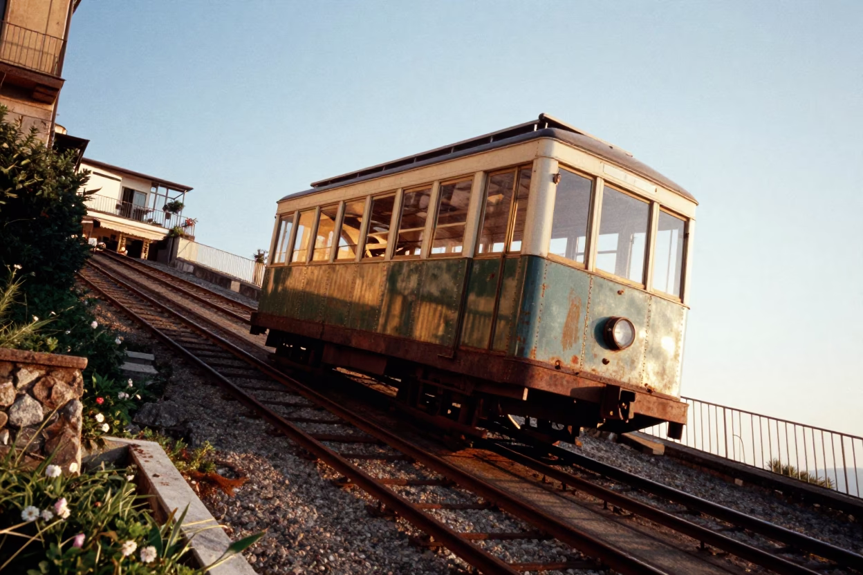 Morning Light on Naples Funicular Tracks Near Cliffside Restaurant in in Naples, Italy