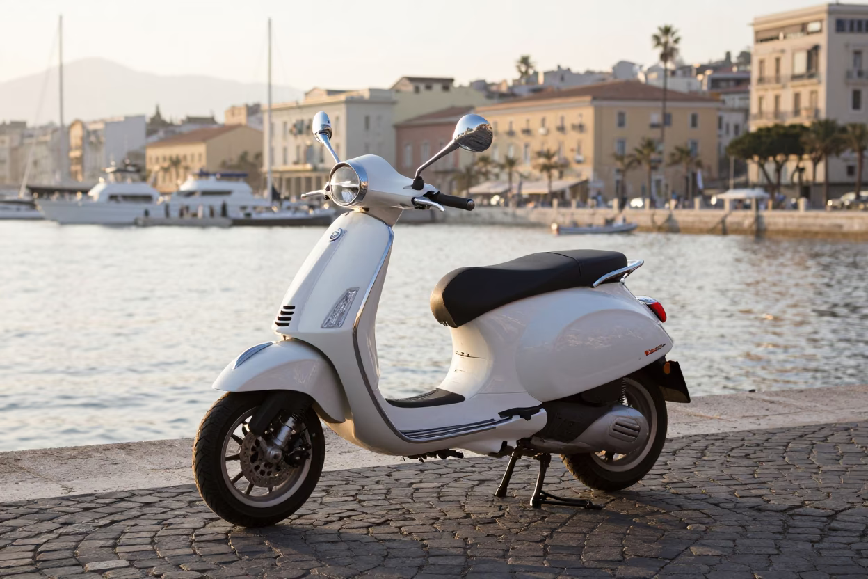 Morning Light on Naples Harbor Promenade with Parked Vespa and Sea View in in Naples, Italy