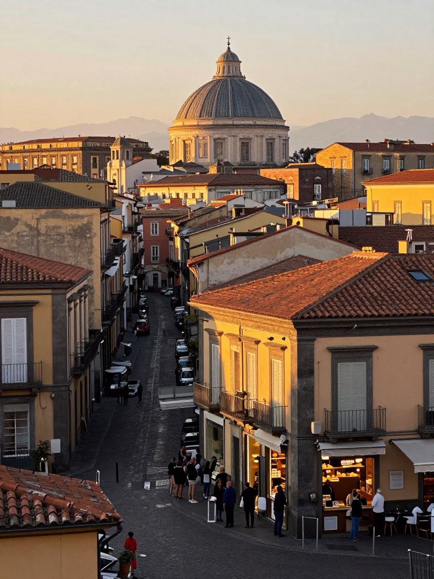 Morning light on Naples historic center with traditional street vendors and local architecture in in Naples, Italy