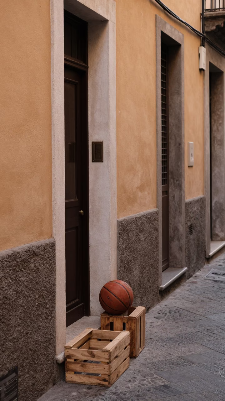 Morning light on narrow Naples street with old leather basketball and clay pots in in Naples, Italy