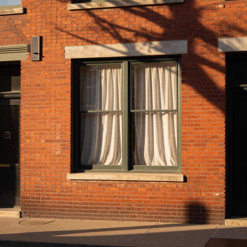 Morning Light on Nashville Brick Building with Linen Curtains and Nicked Wood Shelf in in Nashville, Tennessee, United States