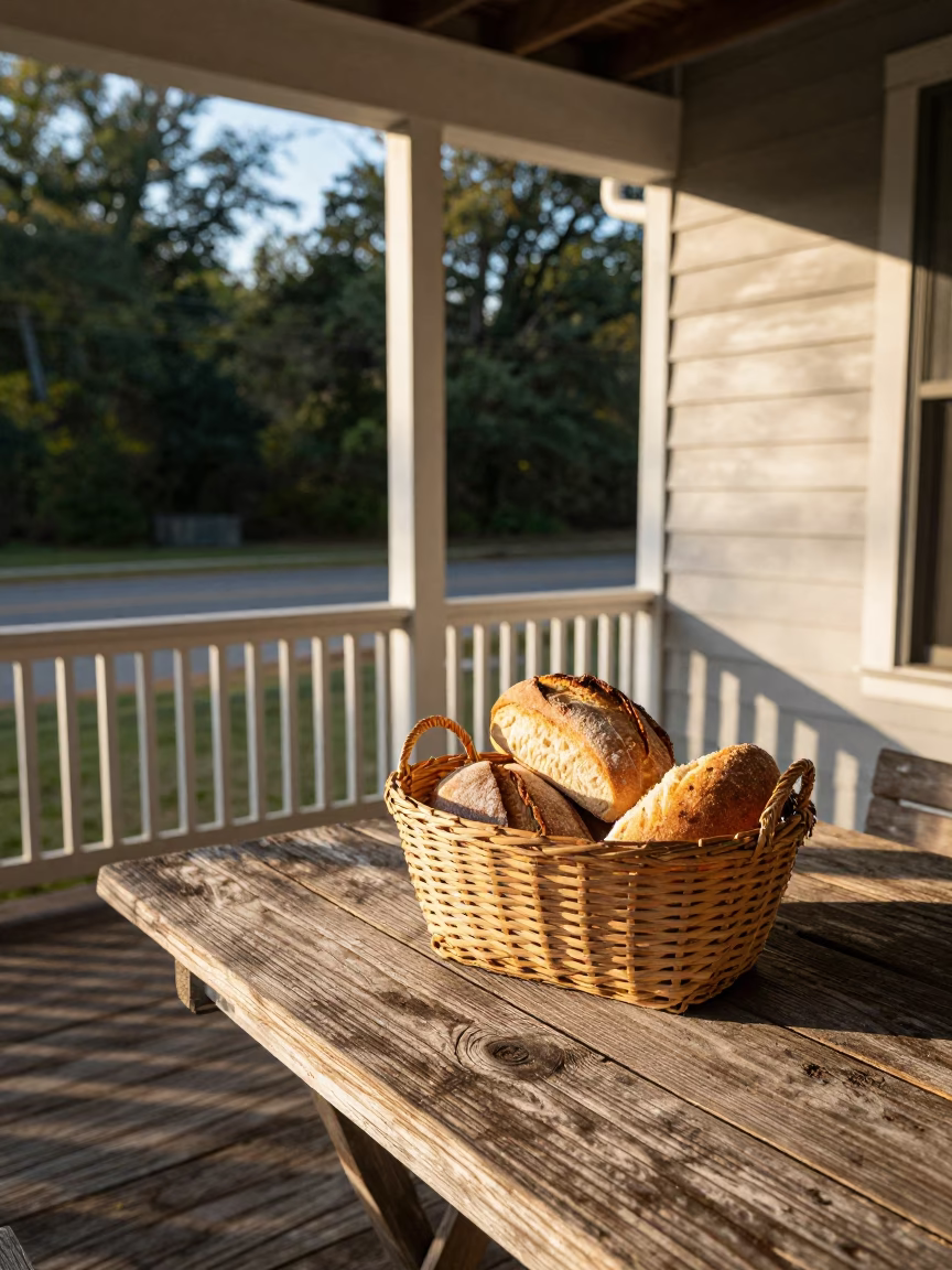 Morning Light on Nashville Porch with Woven Bread Basket and Latch Smudges in in Nashville, Tennessee, United States