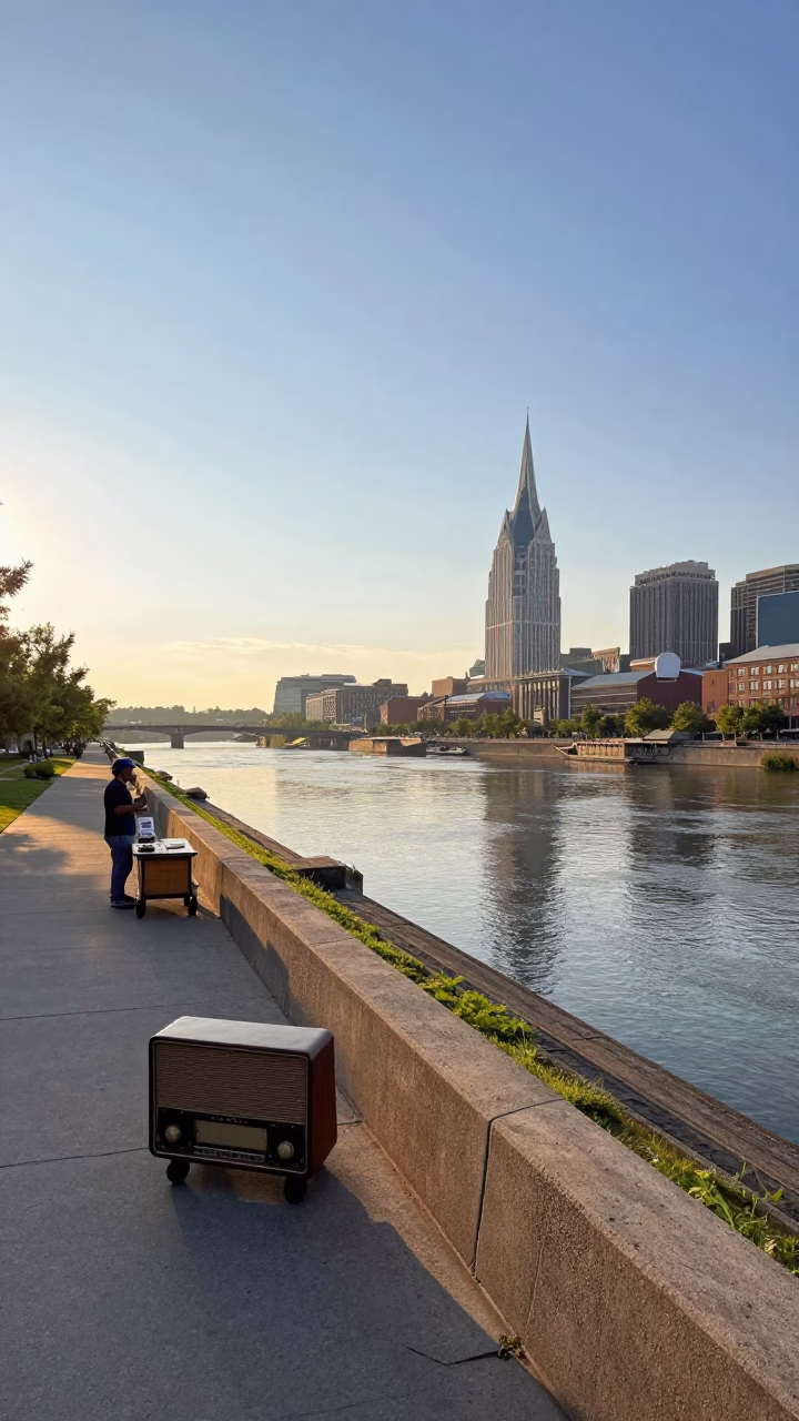 Morning Light on Nashville Riverwalk with Vintage Radio and Glass Tumbler in in Nashville, Tennessee, United States