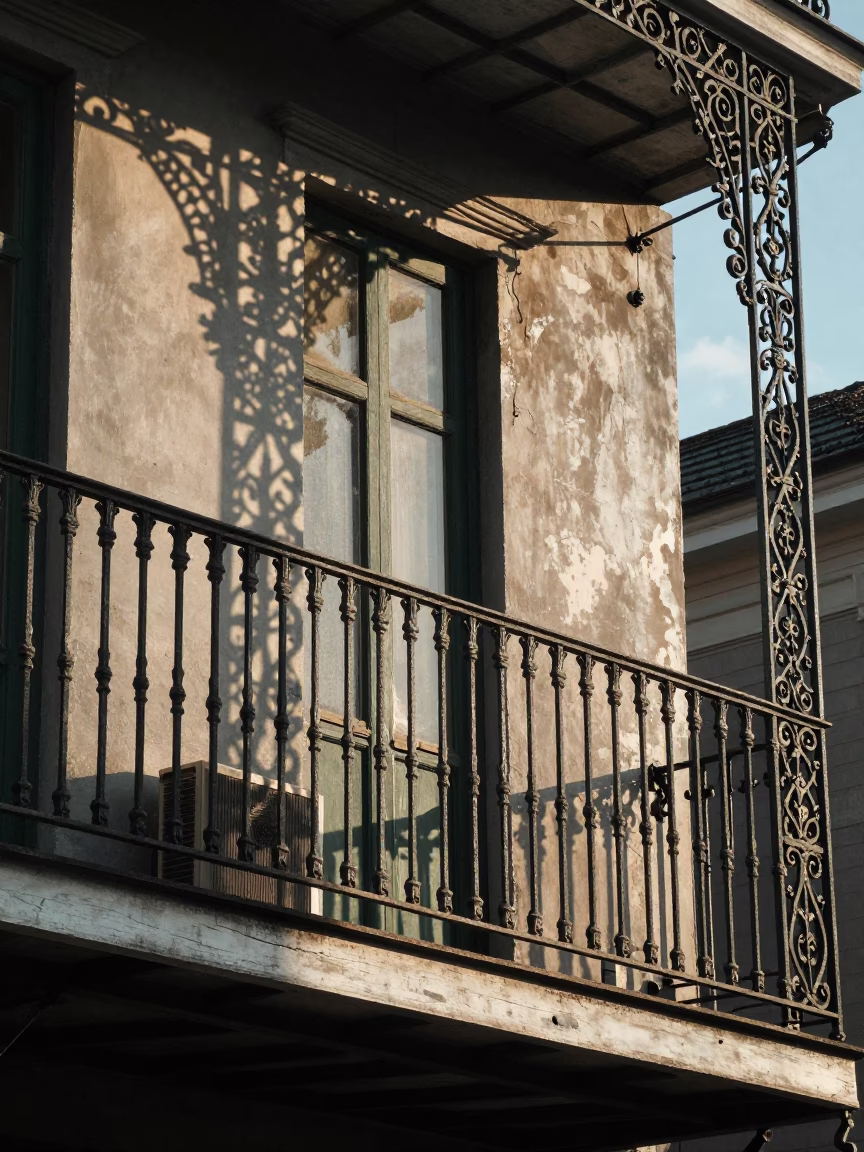 Morning Light on New Orleans Balcony with Iron Rail and Coiled Rope in in New Orleans, Louisiana, United States