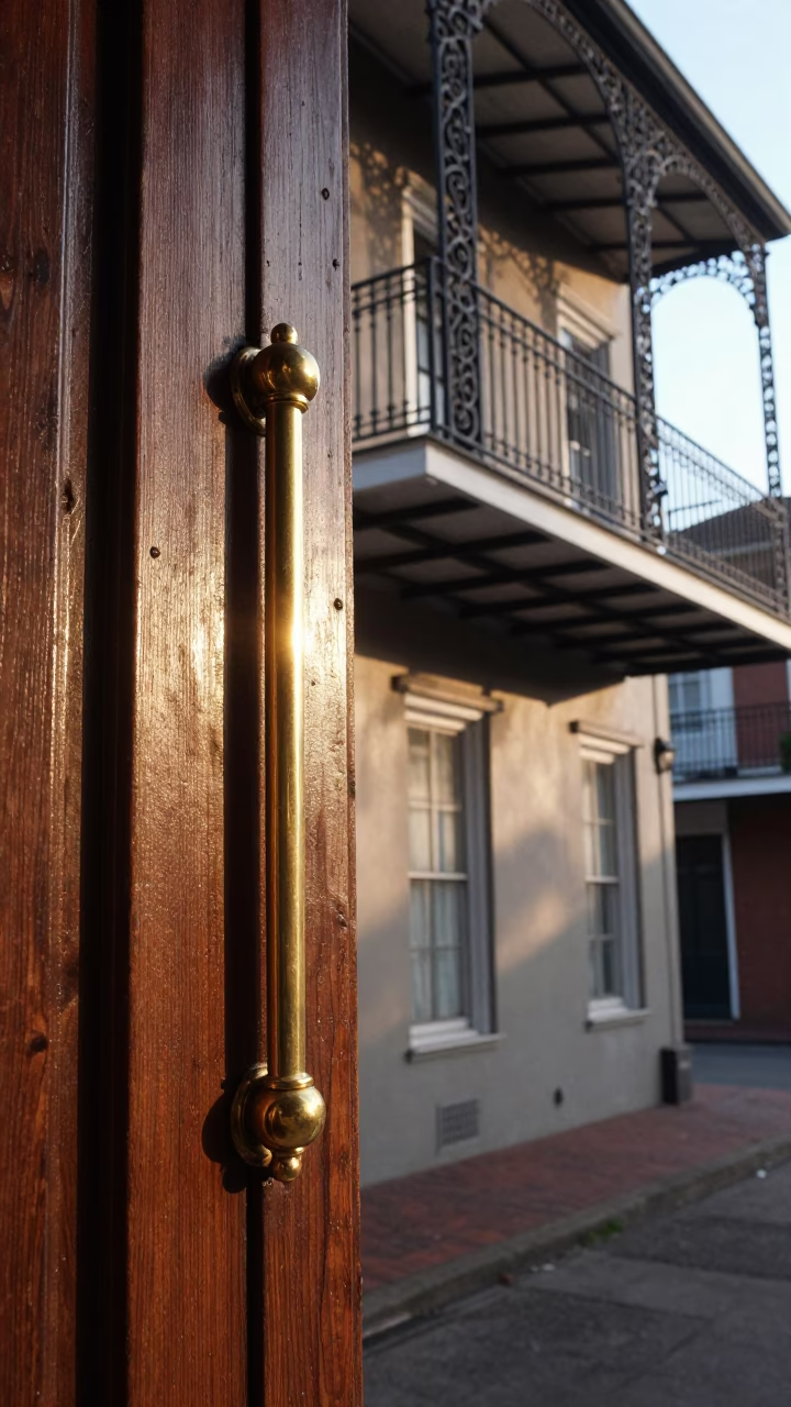 Morning Light on New Orleans French Quarter Balcony Brass Hardware and Garden Tools in in New Orleans, Louisiana, United States