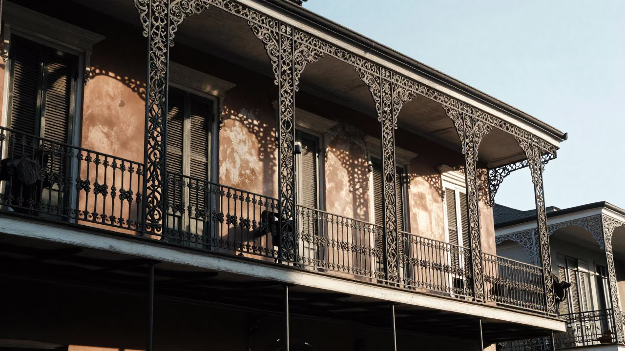 Morning Light on New Orleans French Quarter Balcony with String Lights and Wrench in in New Orleans, Louisiana, United States