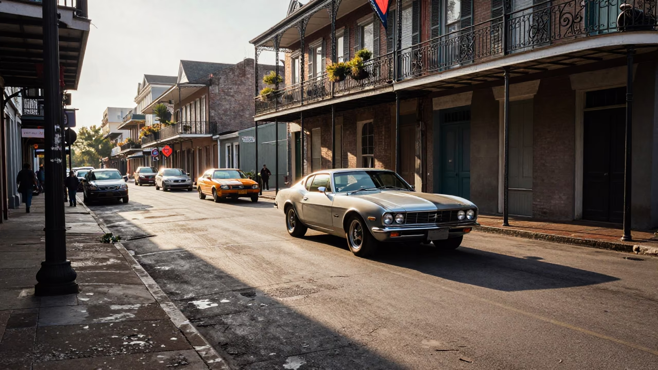 Morning Light on New Orleans Street Corner with Vintage Cars and Local Life in in New Orleans, Louisiana, United States