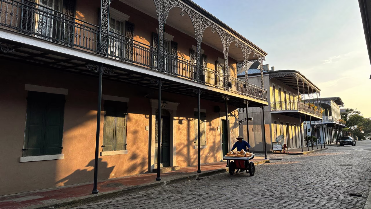 Morning Light on New Orleans Street with Iron Balconies and Local Life in in New Orleans, Louisiana, United States