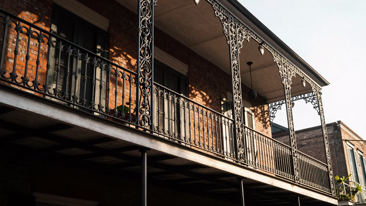 Morning light on New Orleans wrought iron balcony with terracotta bowl and pepper mill in in New Orleans, Louisiana, United States