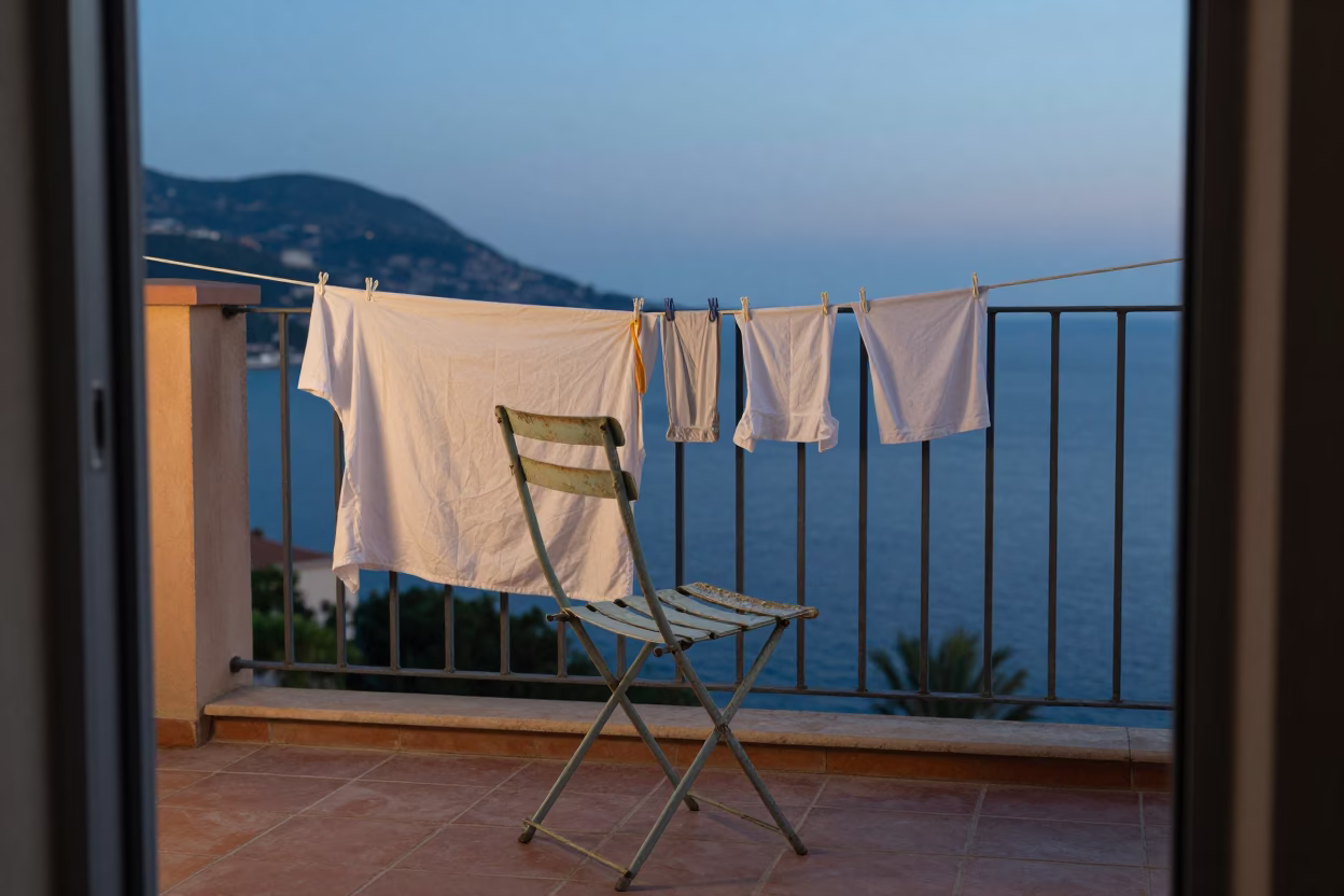 Morning Light on Nice Balcony with Laundry and Vintage Folding Chair in in Nice, France