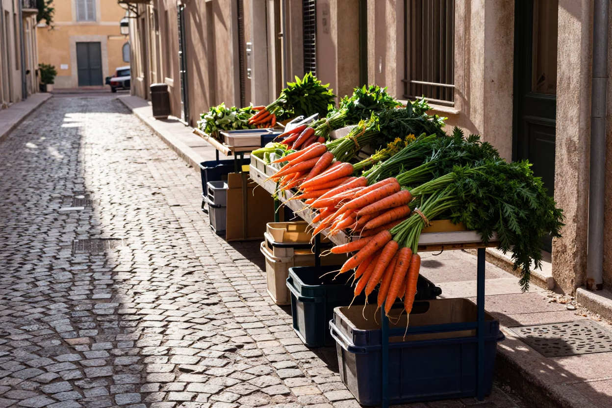 Morning light on Nice France cobblestone street with local market vendor and fresh produce in in Nice, France