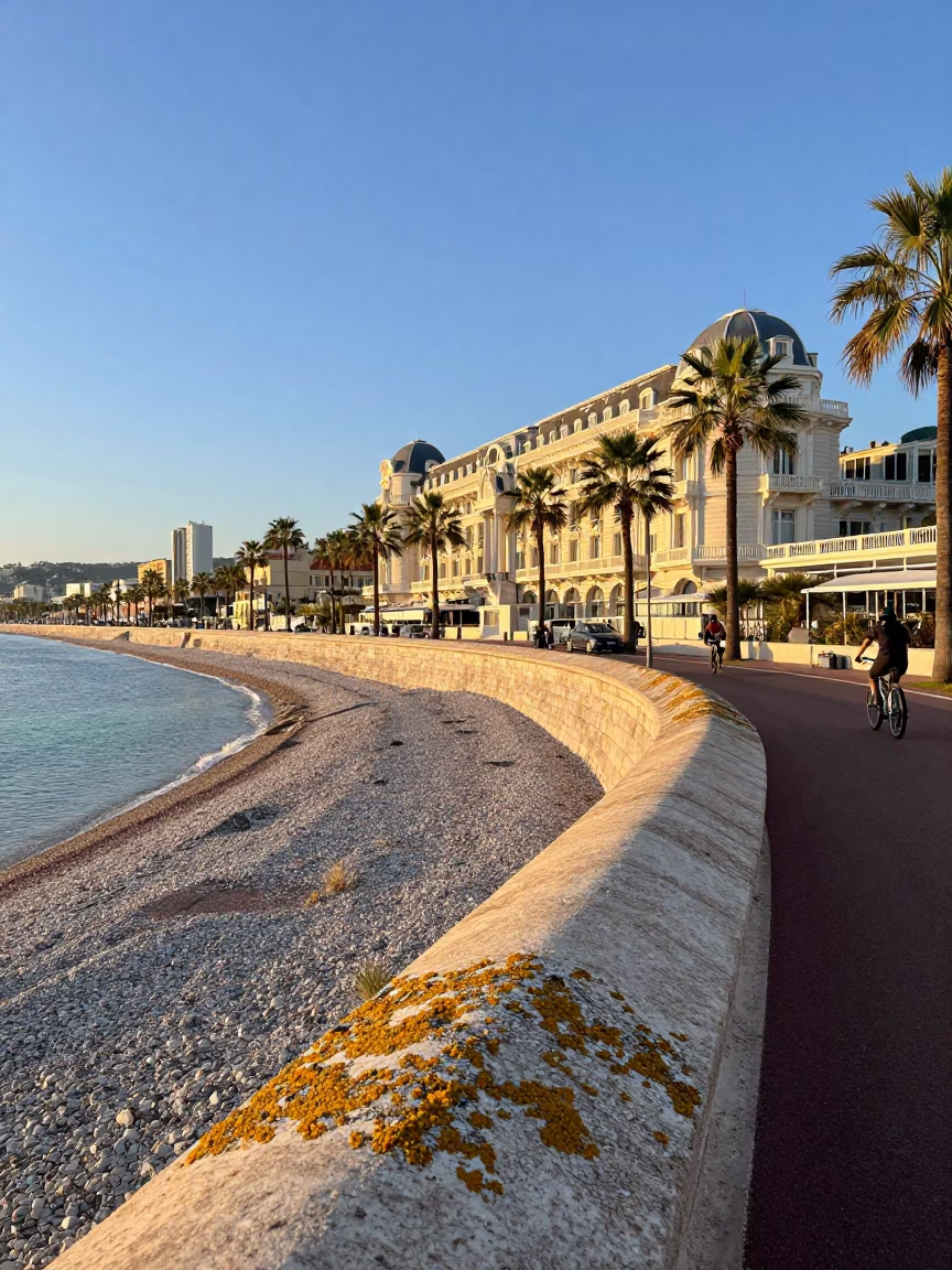 Morning Light on Nice Promenade des Anglais with Lichen and Water Droplets in in Nice, France