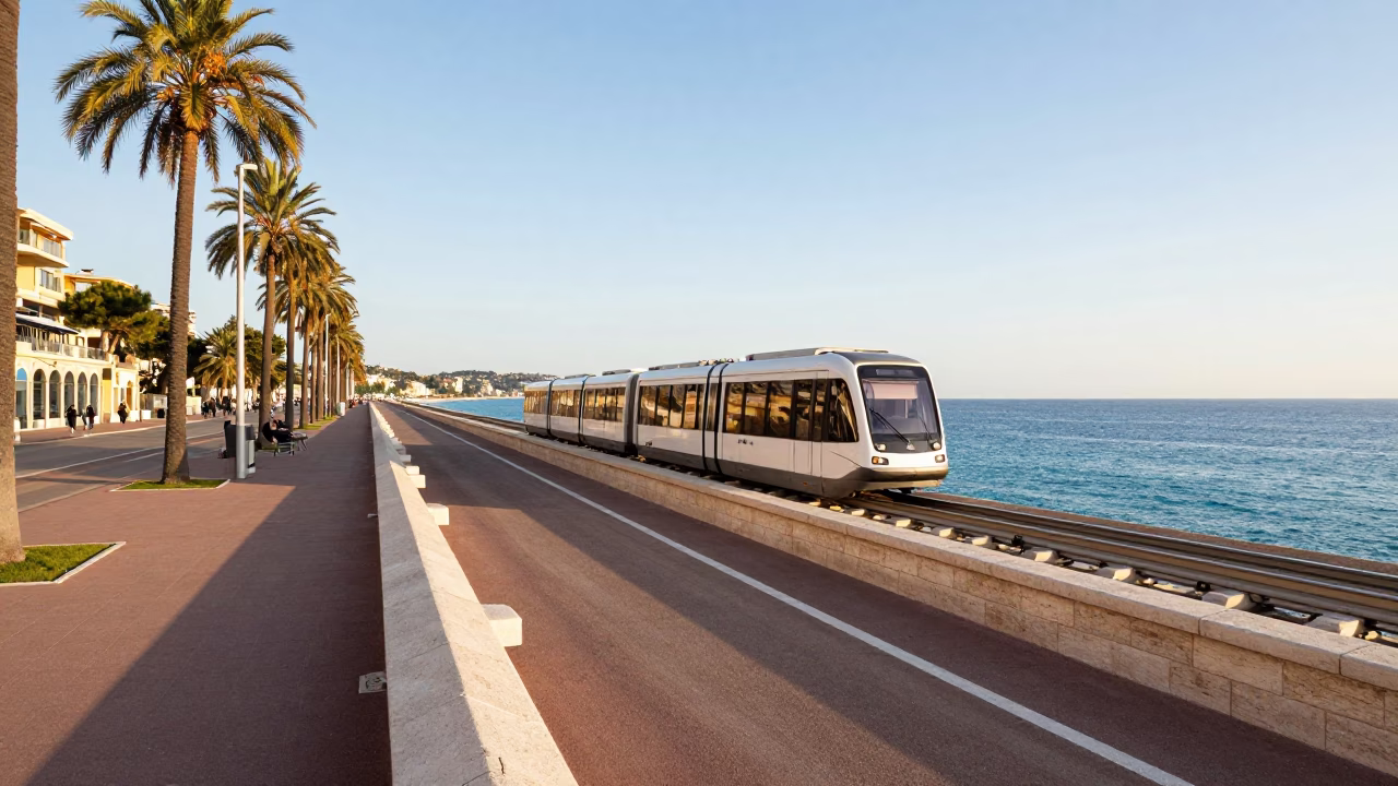 Morning light on Nice Promenade des Anglais with monorail and harbor boats in in Nice, France