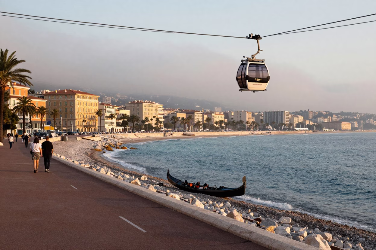 Morning Light on Nice Promenade with Gondola and Local Street Life in in Nice, France
