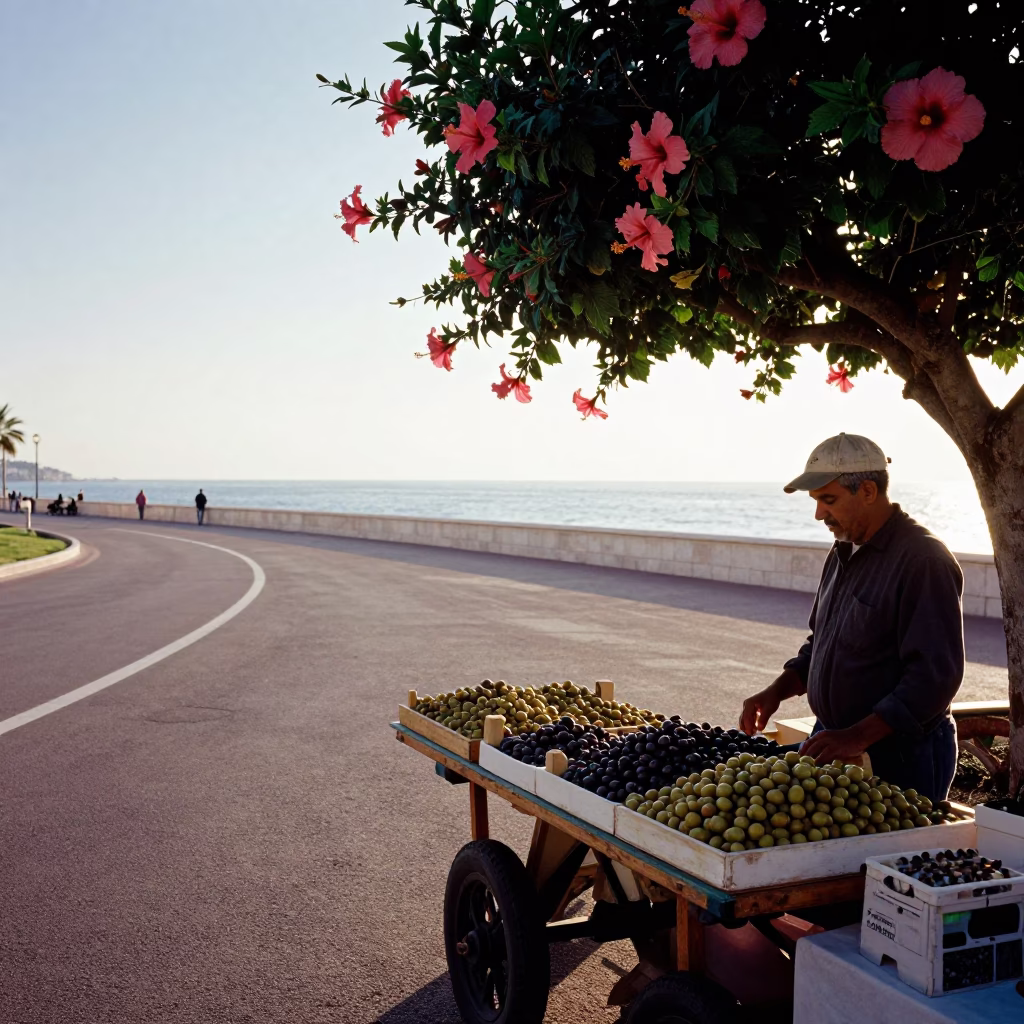 Morning Light on Nice Promenade with Hibiscus and Market Olives in in Nice, France