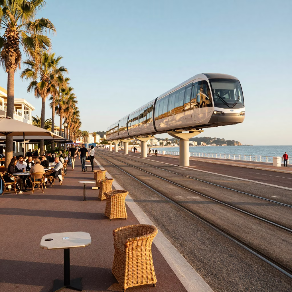 Morning light on Nice Promenade with Monorail and Wicker Shadows in in Nice, France