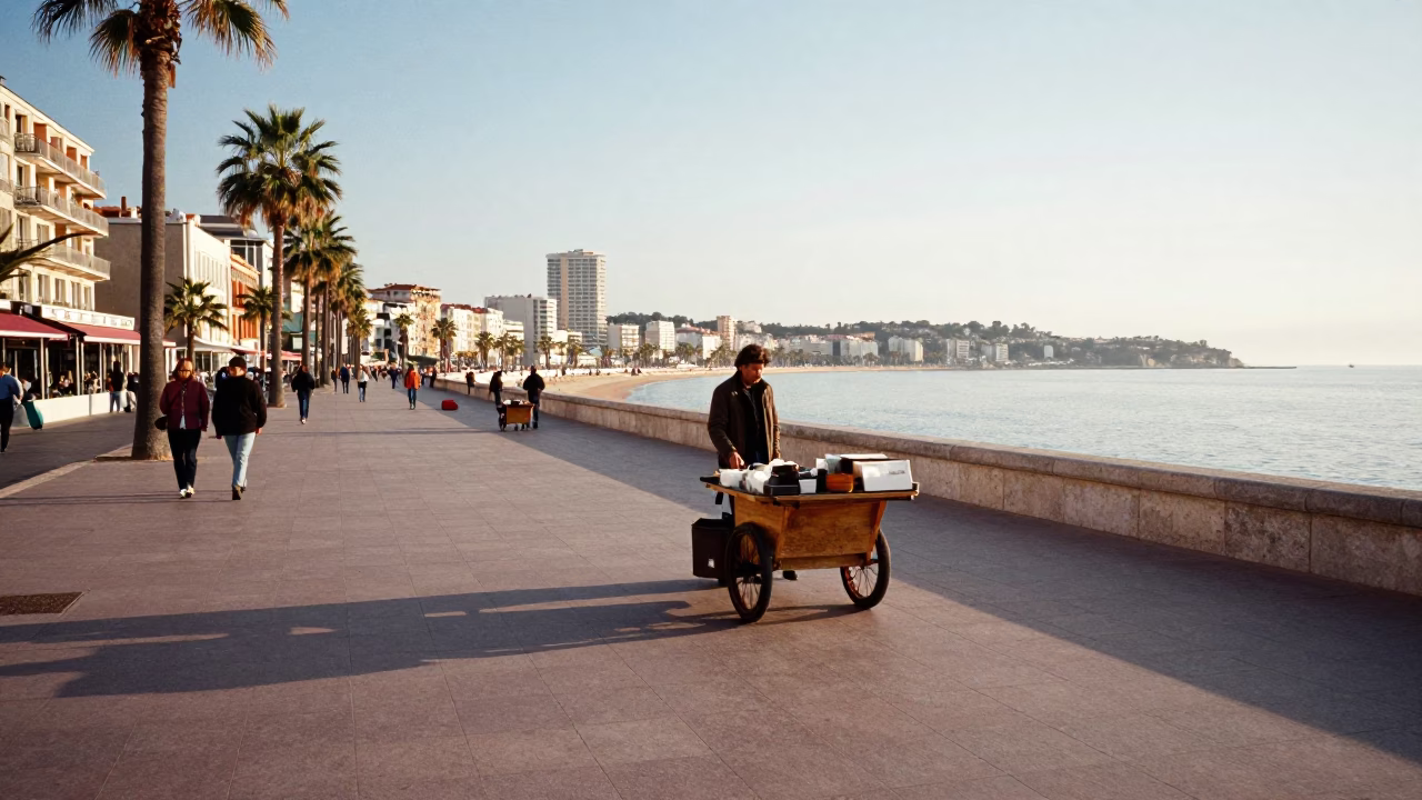 Morning light on Nice Promenade with street vendor and pedestrians in in Nice, France