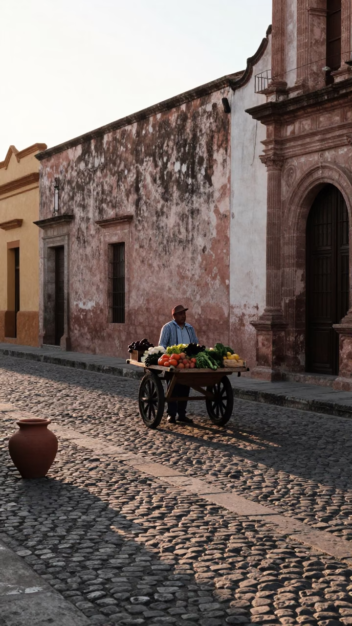 Morning Light on Oaxaca Cobblestones with Clay Pot and Local Market Vendor in in Oaxaca, Mexico