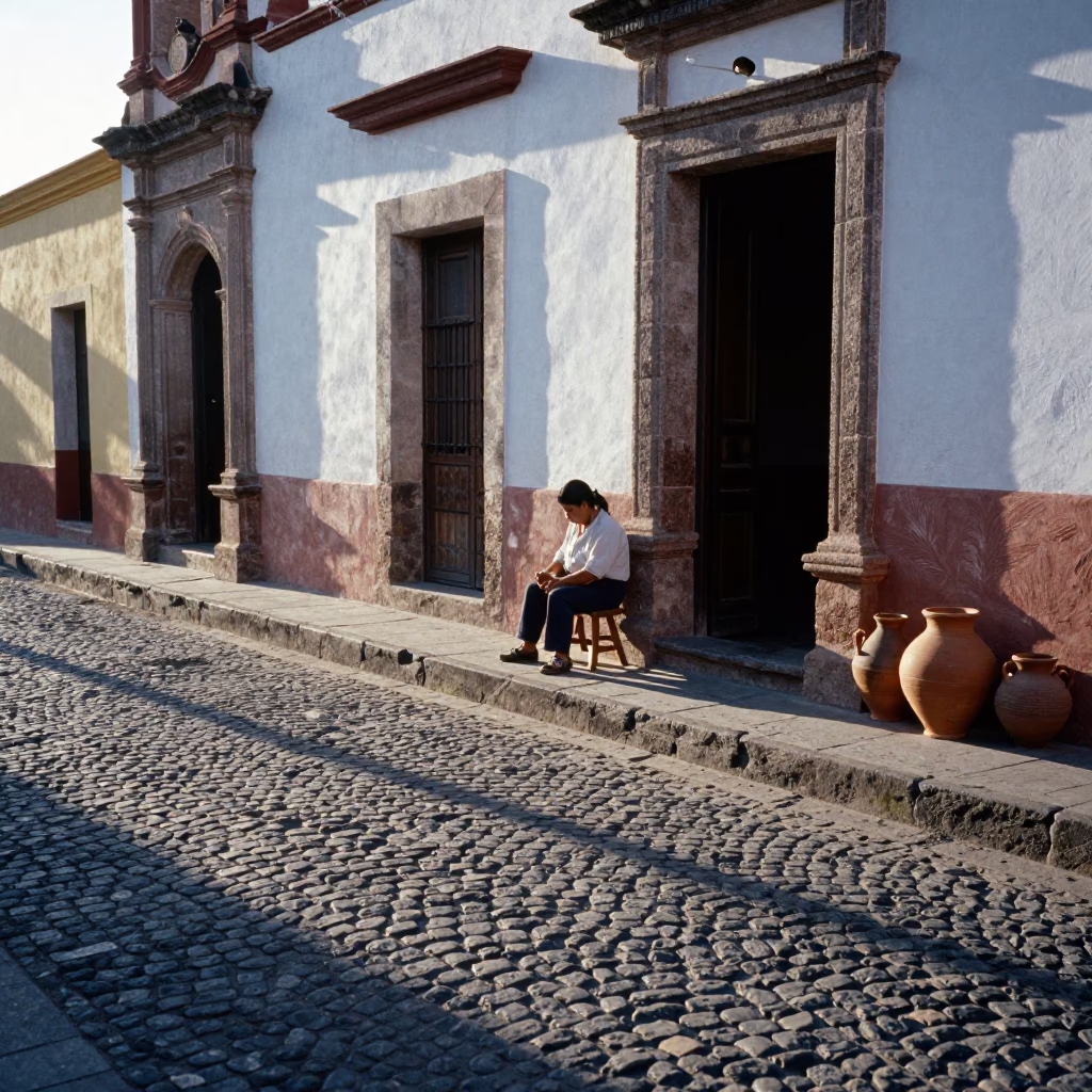 Morning light on Oaxaca cobblestones with traditional pottery and wooden stool in in Oaxaca, Mexico