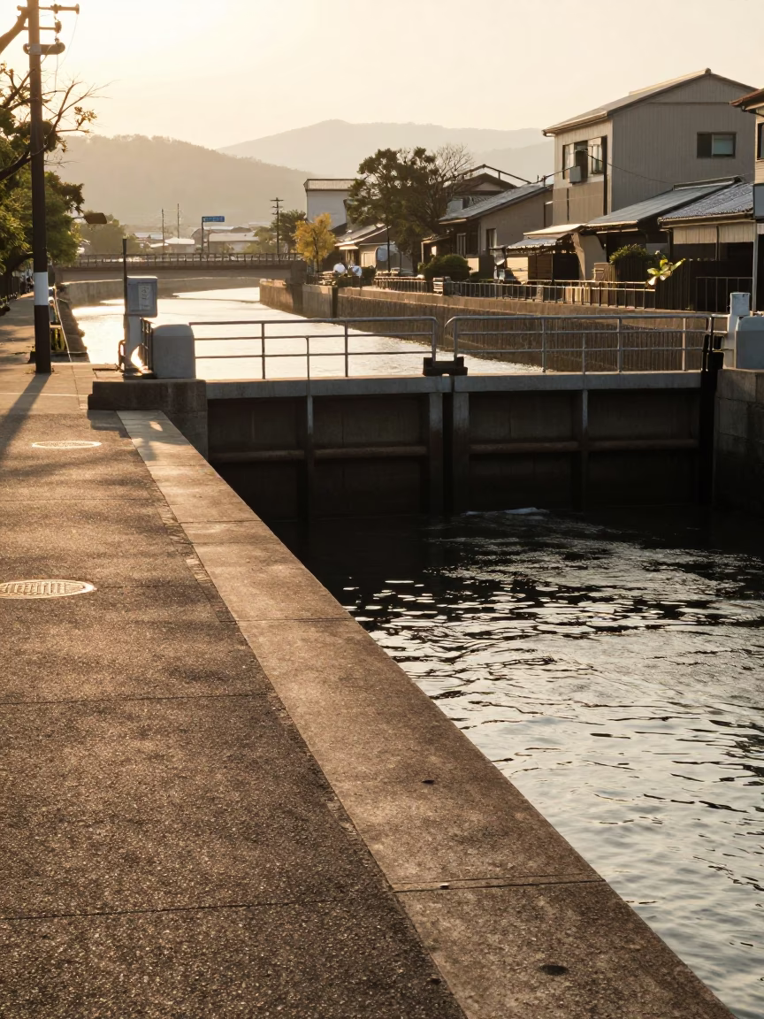 Morning Light on Osaka River Bank with Sluice Gate and Natural Flora in in Osaka, Japan