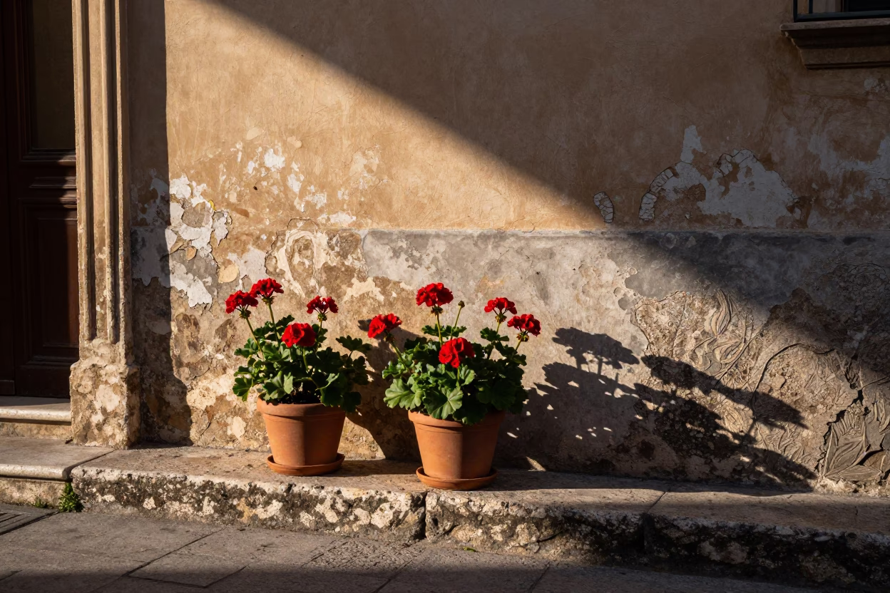 Morning light on Palermo street corner with potted geraniums and urban details in in Palermo, Italy