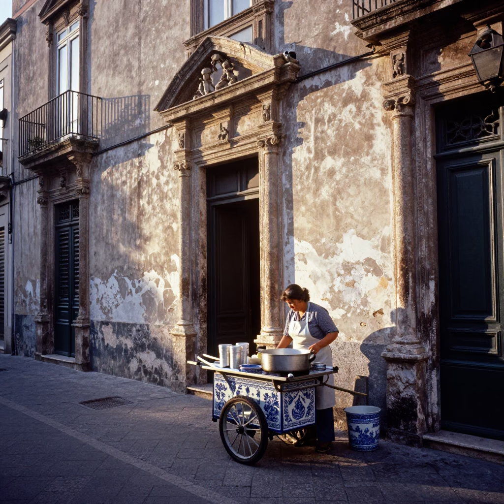 Morning Light on Palermo Street with Blue White Porcelain and Saucepan in in Palermo, Italy