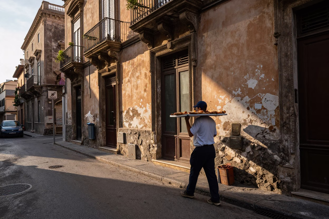 Morning Light on Palermo Street with Pizza and Local Life in in Palermo, Italy