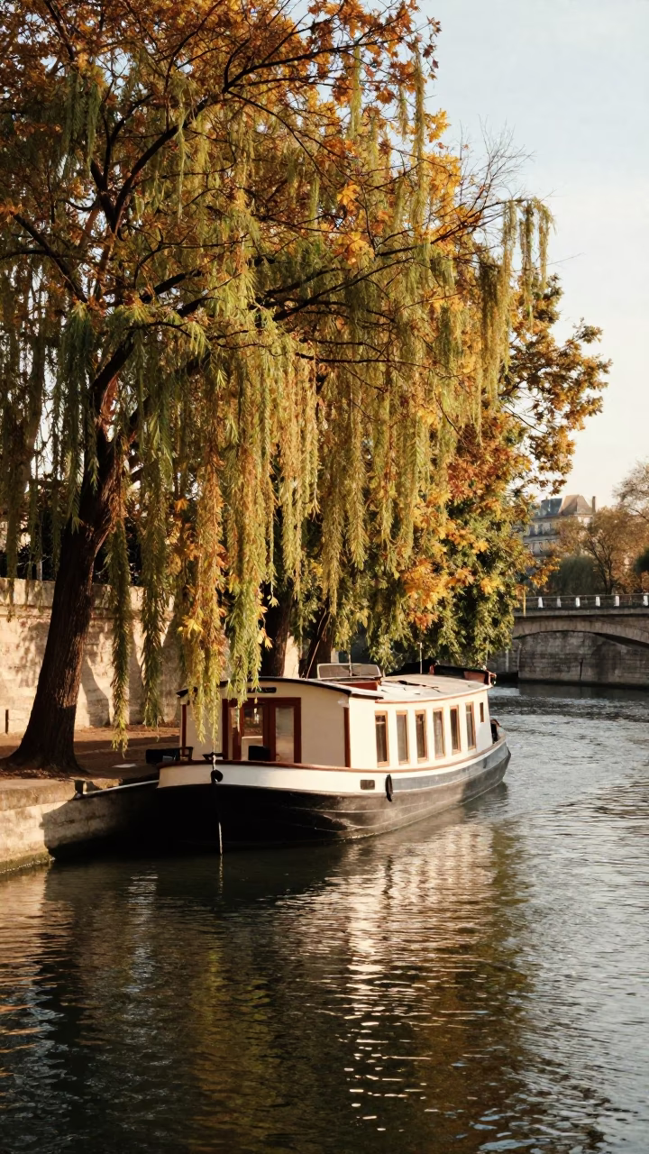 Morning Light on Paris Canal Houseboat Under Autumn Willows in in Paris, France