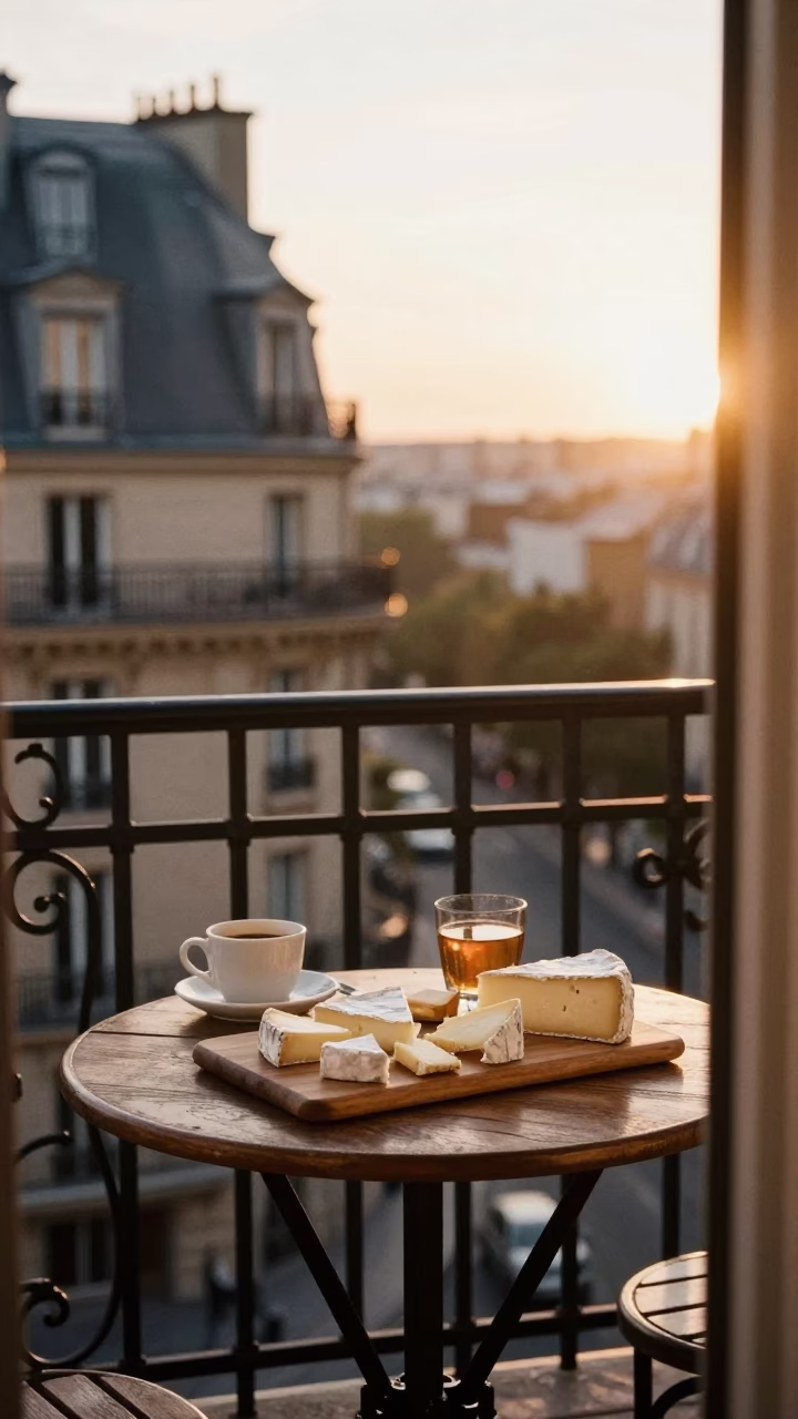 Morning Light on Parisian Balcony with Cheese Board and Orchid in France in in Paris, France