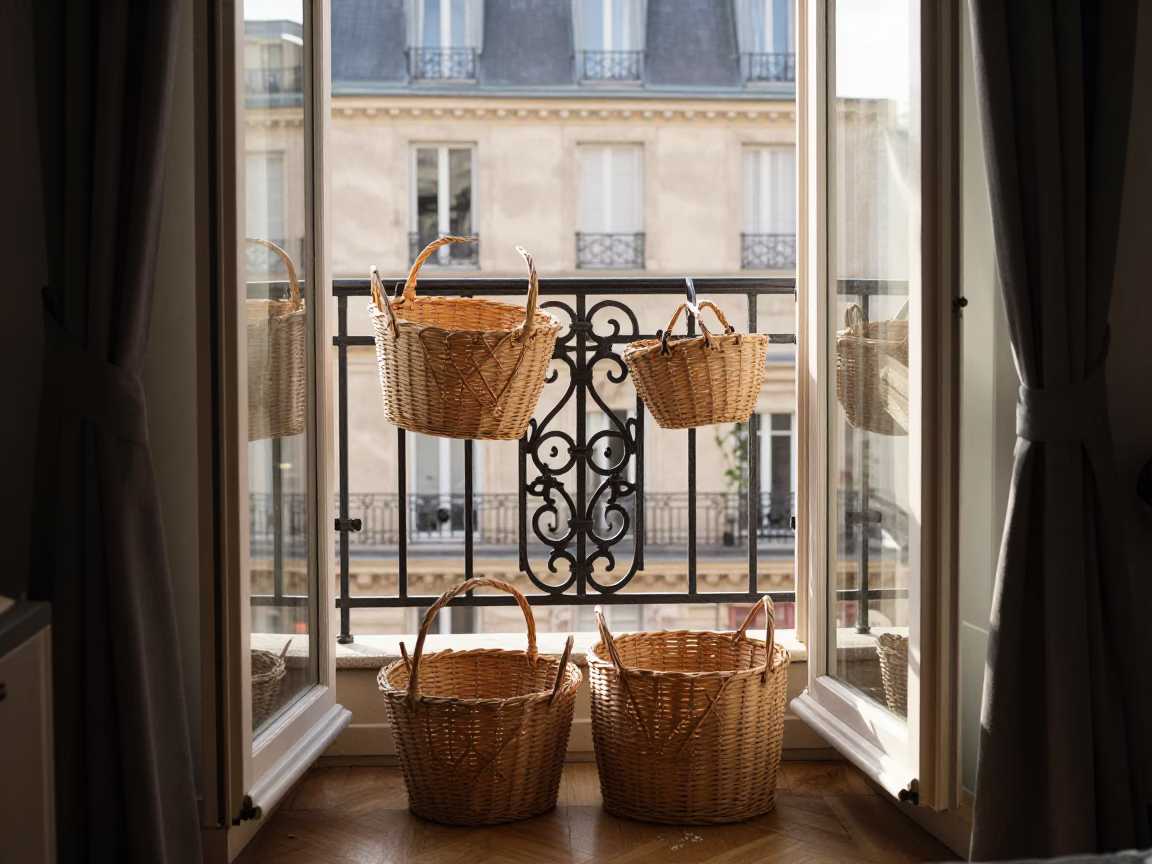 Morning light on Parisian balcony with woven baskets and coffee grinder in in Paris, France