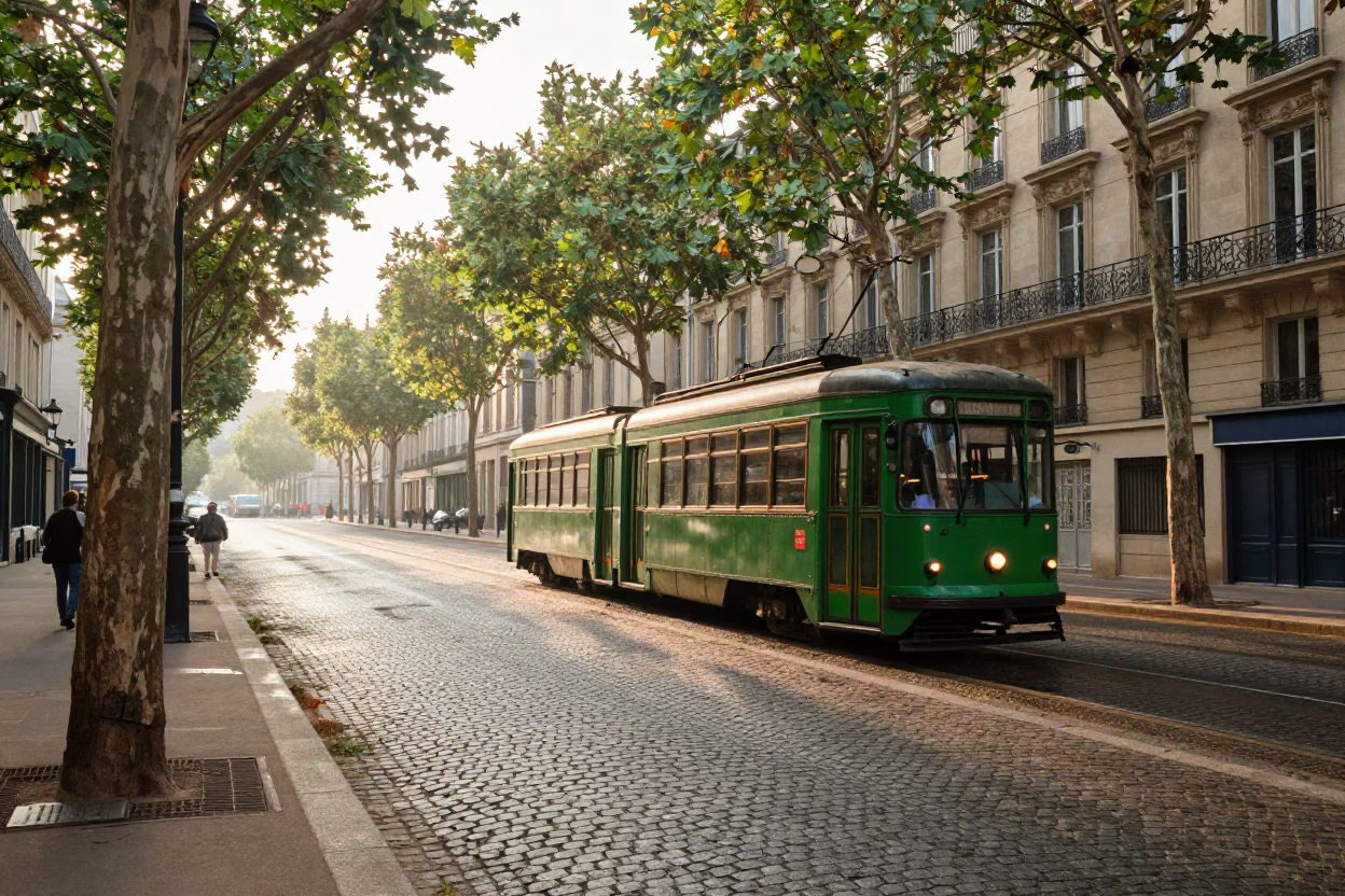 Morning Light on Parisian Cobblestone Street with Heritage Tram and Street Vendor in in Paris, France