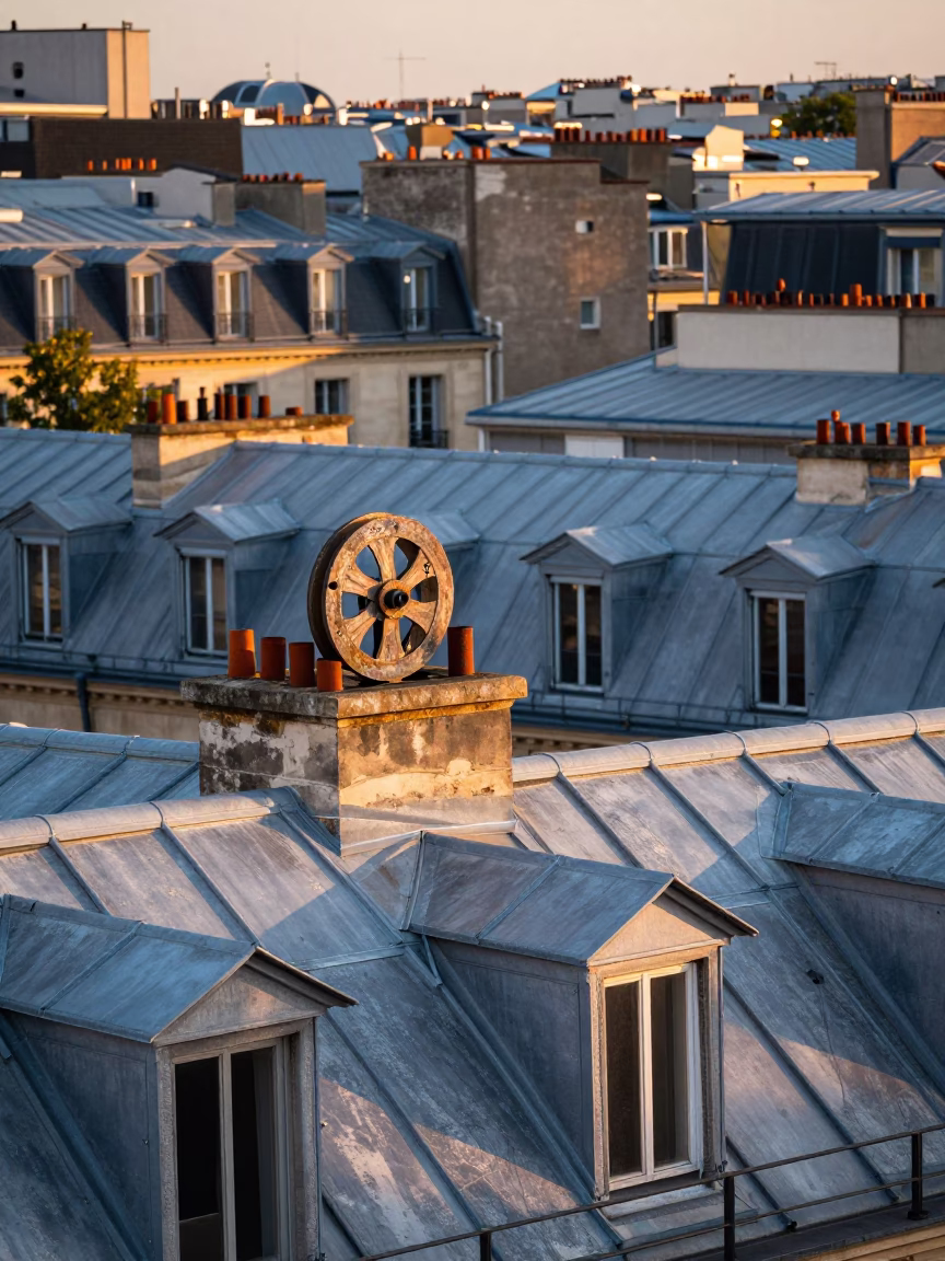 Morning Light on Parisian Rooftops with Kite Reel and Dormer Windows in in Paris, France
