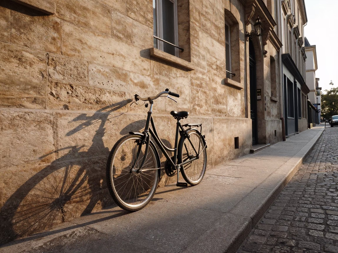 Morning light on Parisian street with bicycle and cat in in Paris, France