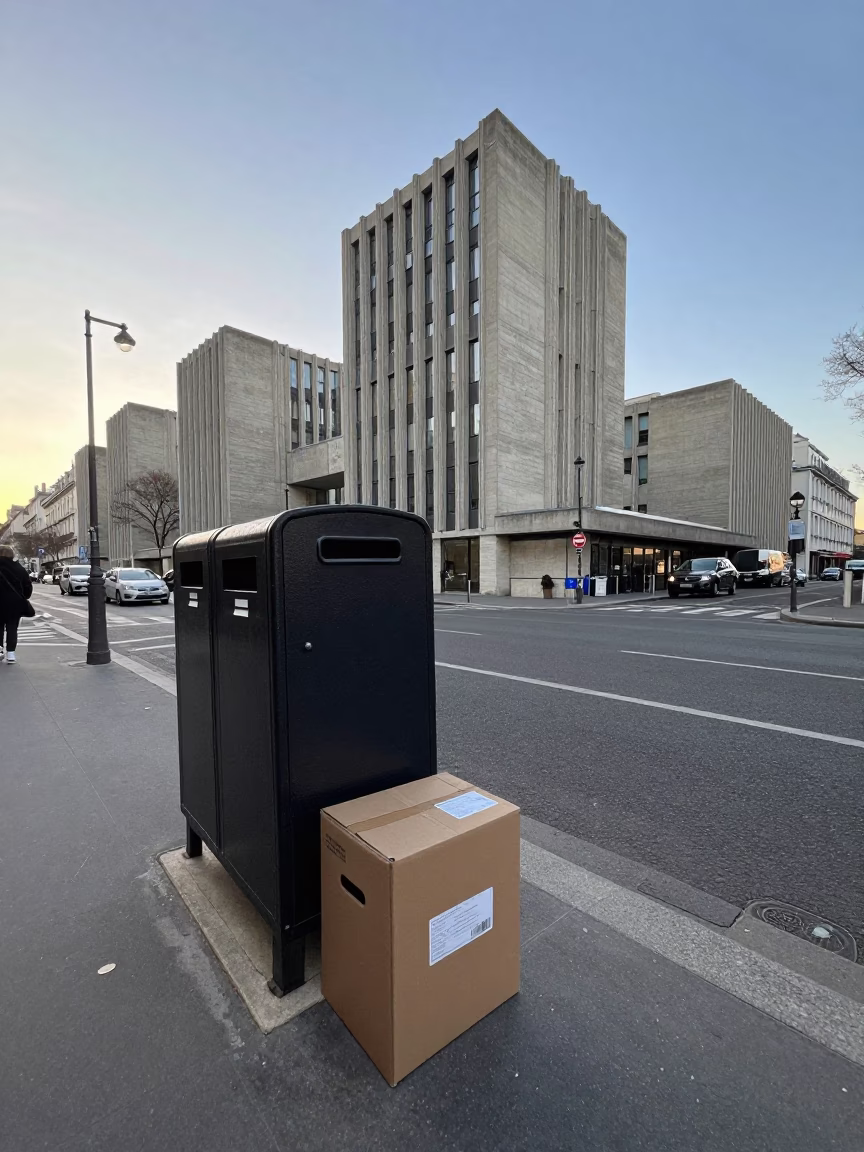 Morning light on Parisian street with file box and swan pedal boat in in Paris, France
