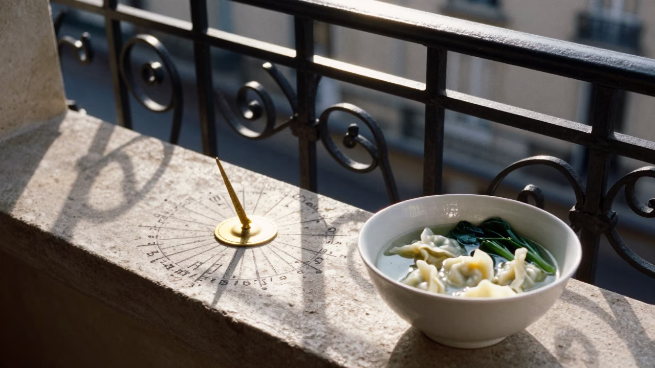 Morning light on Parisian terrace with sundial and breakfast items in in Paris, France