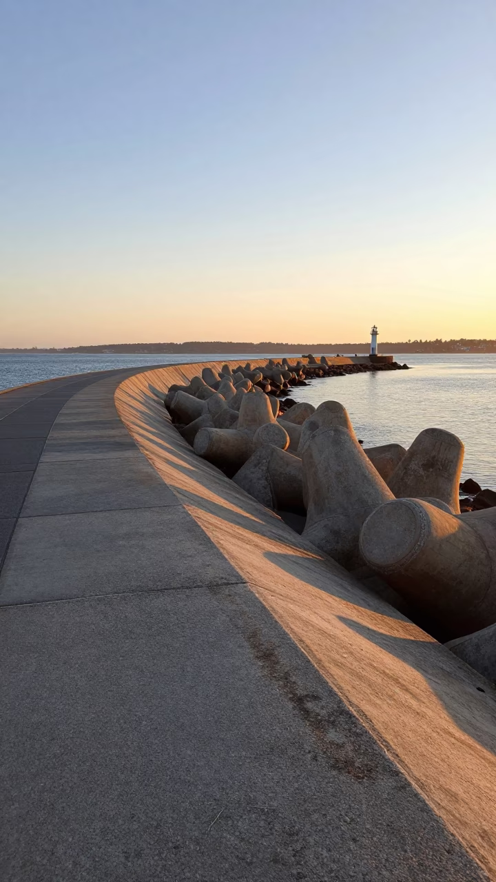 Morning light on Perth breakwater curve with distant harbor beacon and coastal vegetation in in Perth, Western Australia, Australia