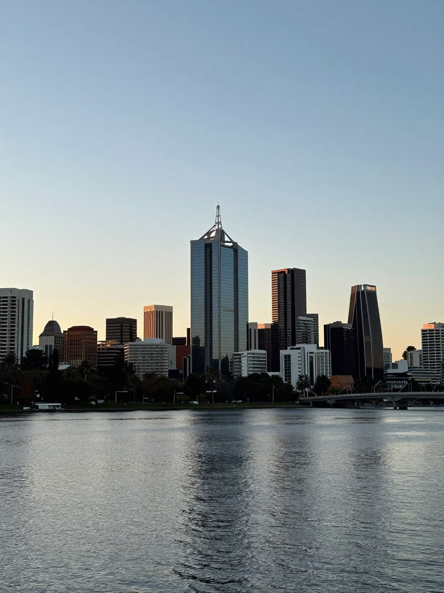 Morning light on Perth city skyline and Swan River with apples on park bench in in Perth, Western Australia, Australia