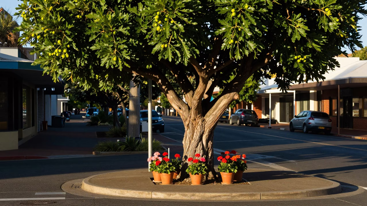Morning light on Perth street corner with fig tree and potted geraniums in in Perth, Western Australia, Australia
