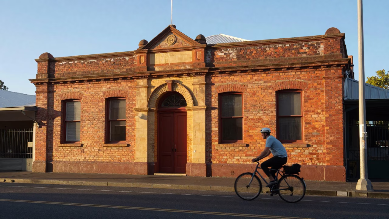 Morning light on Perth streets with cyclist passing vintage storefront in in Perth, Western Australia, Australia