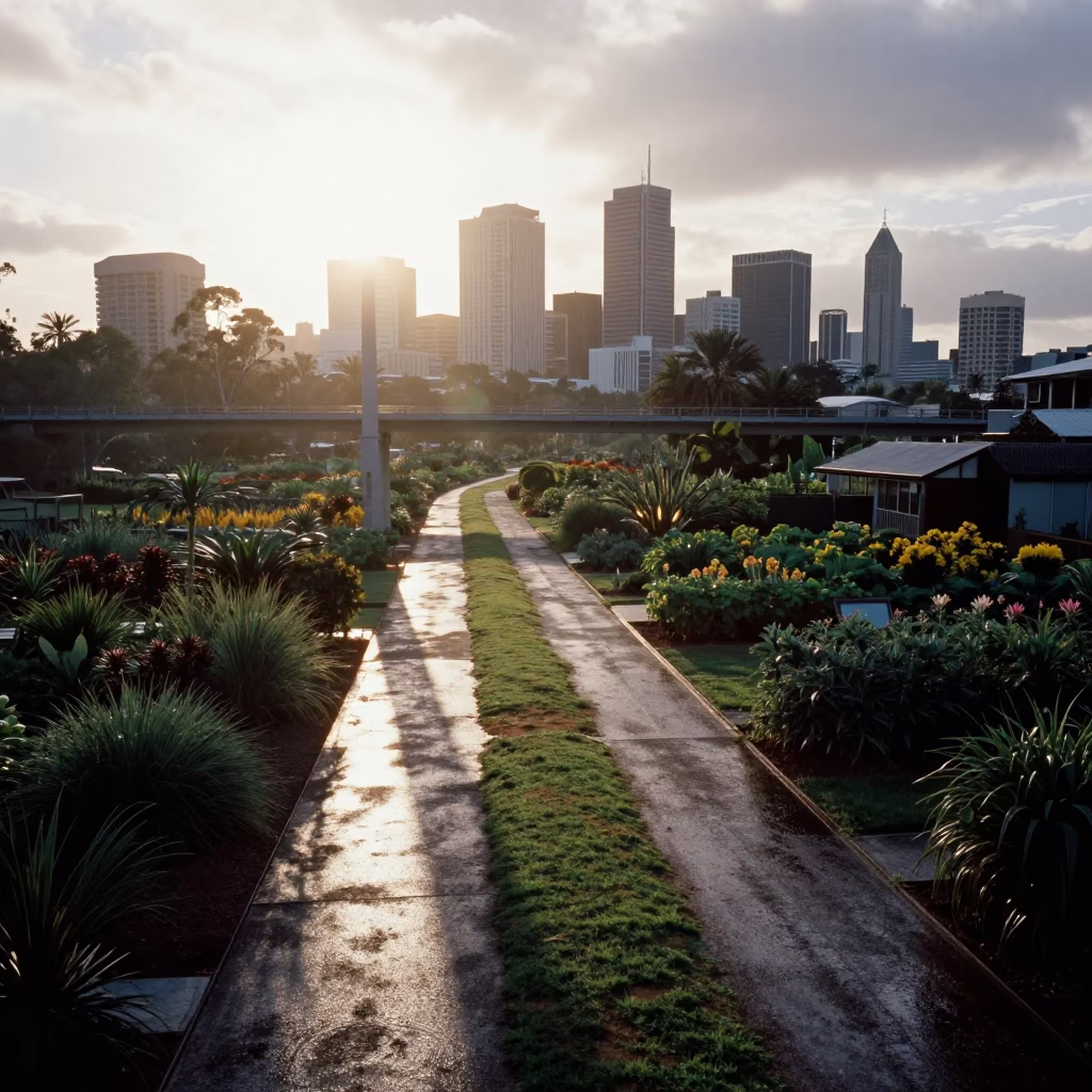 Morning Light on Perth Viaduct Shadow Over Rain-Slicked Allotment Gardens in in Perth, Western Australia, Australia