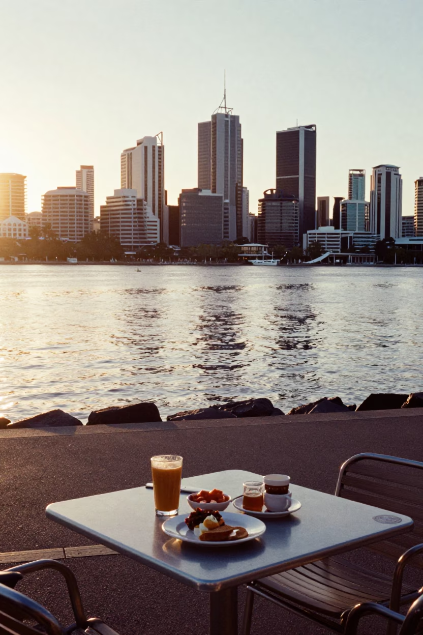 Morning light on Perth waterfront promenade with breakfast table and river skyline in in Perth, Western Australia, Australia