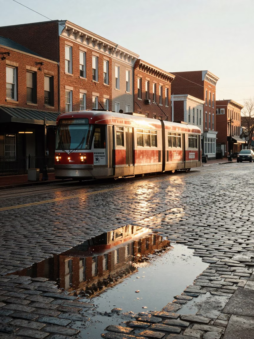 Morning light on Philadelphia cobblestones with tramcar reflection in puddles in in Philadelphia, Pennsylvania, United States