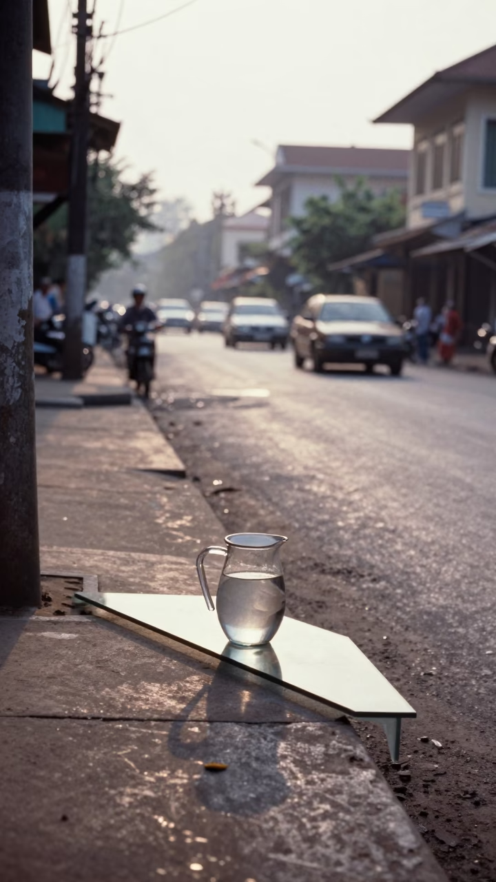 Morning Light on Phnom Penh Street Corner with Glass Sill and Local Vendor in in Phnom Penh, Cambodia