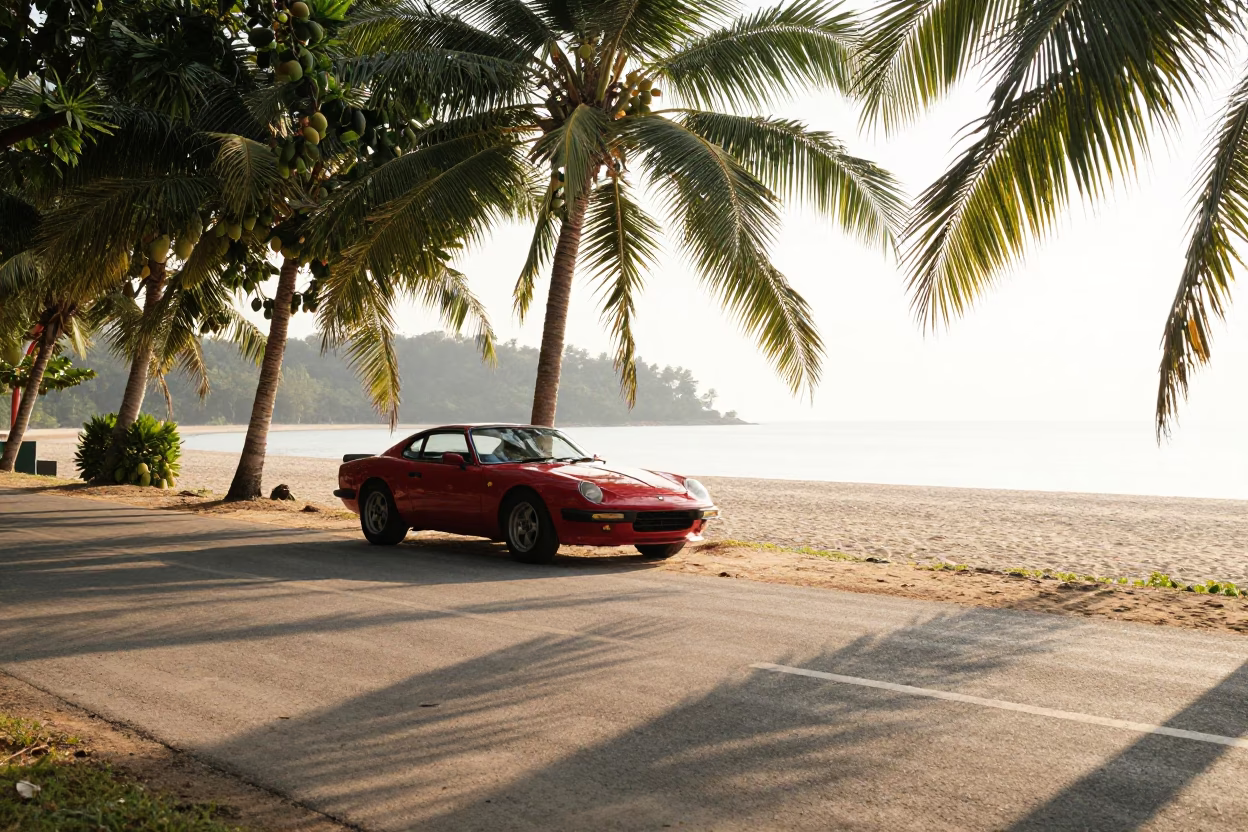 Morning Light on Phuket Beach Road with Mangoes and Vintage Car in in Phuket, Thailand