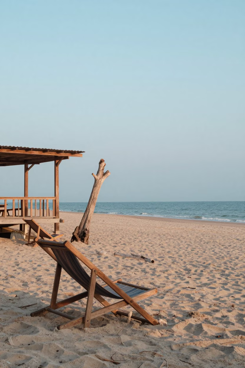 Morning Light on Phuket Beach with Driftwood and Deck Chairs in in Phuket, Thailand