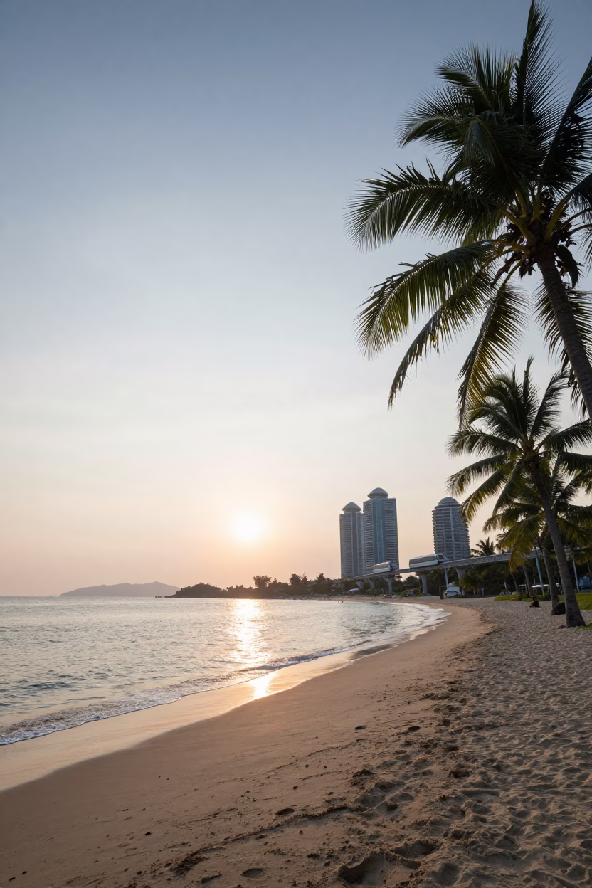 Morning Light on Phuket Beach with Monorail and Palm Trees in in Phuket, Thailand
